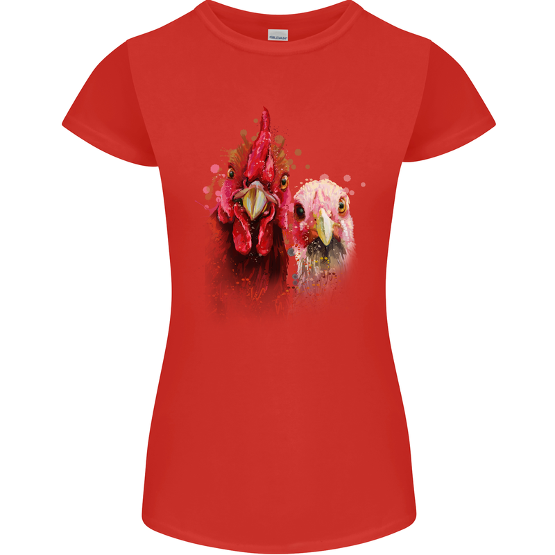 Two Colourful Chickens Watercolour Womens Petite Cut T-Shirt Red