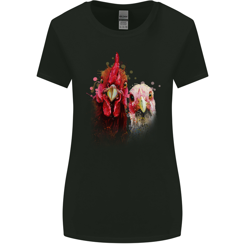 Two Colourful Chickens Watercolour Womens Wider Cut T-Shirt Black