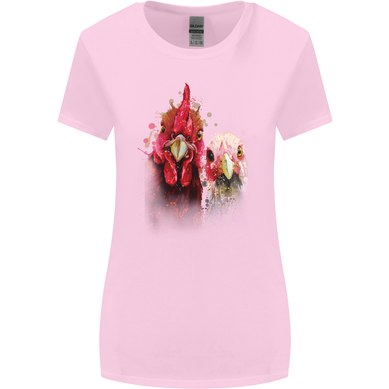 Two Colourful Chickens Watercolour Womens Wider Cut T-Shirt Light Pink