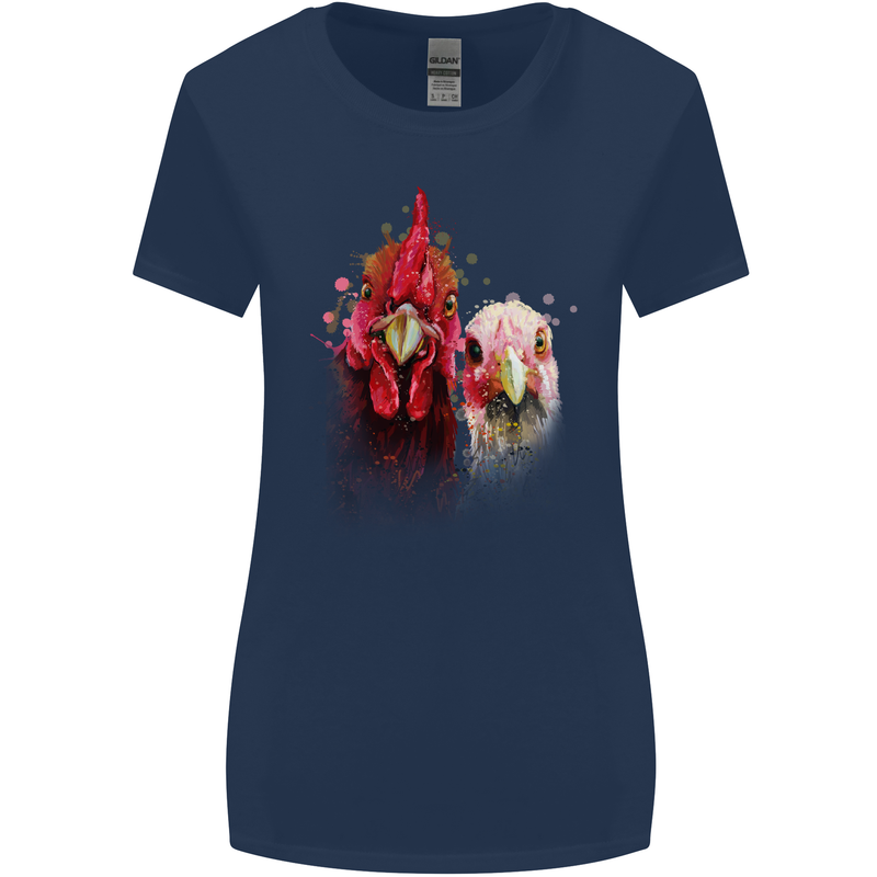 Two Colourful Chickens Watercolour Womens Wider Cut T-Shirt Navy Blue