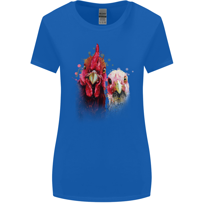 Two Colourful Chickens Watercolour Womens Wider Cut T-Shirt Royal Blue