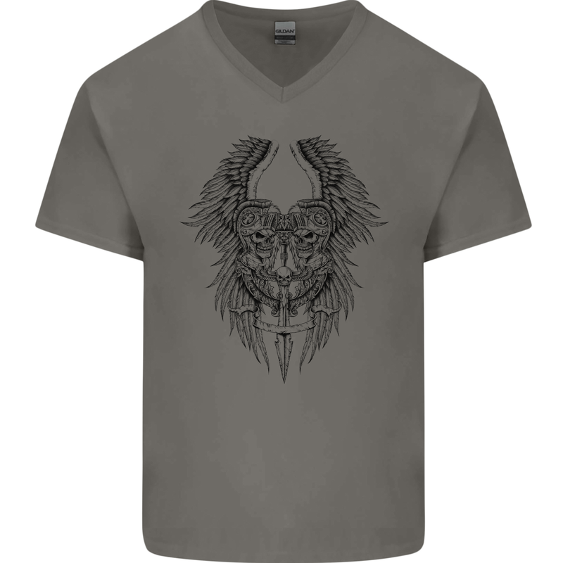 Two Roman Skulls Mens V-Neck Cotton T-Shirt Charcoal
