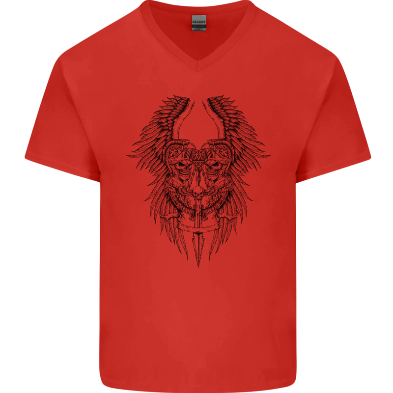Two Roman Skulls Mens V-Neck Cotton T-Shirt Red