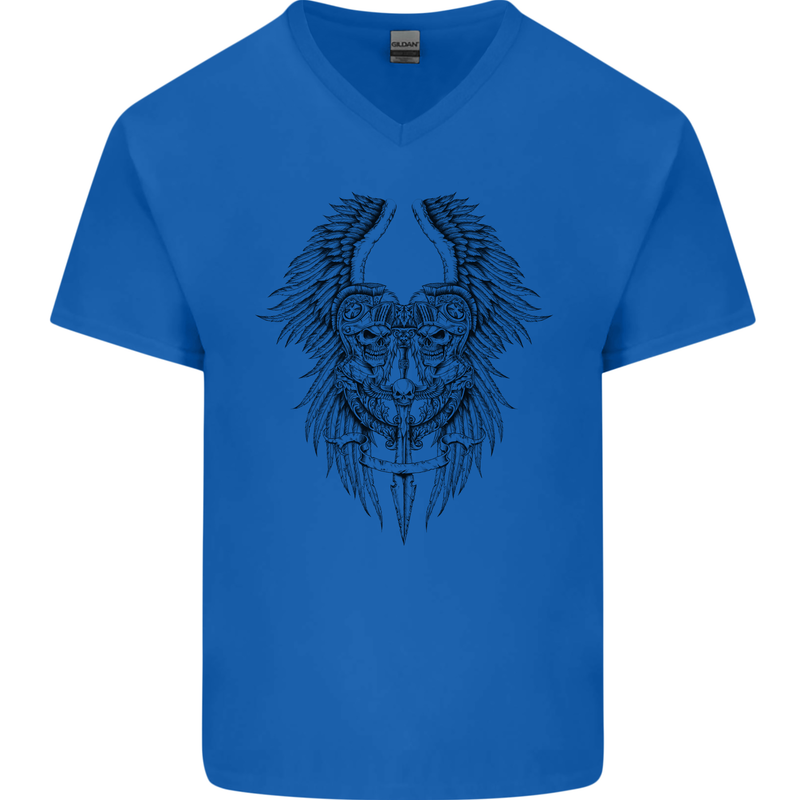 Two Roman Skulls Mens V-Neck Cotton T-Shirt Royal Blue