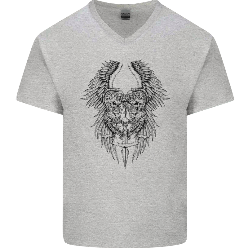 Two Roman Skulls Mens V-Neck Cotton T-Shirt Sports Grey