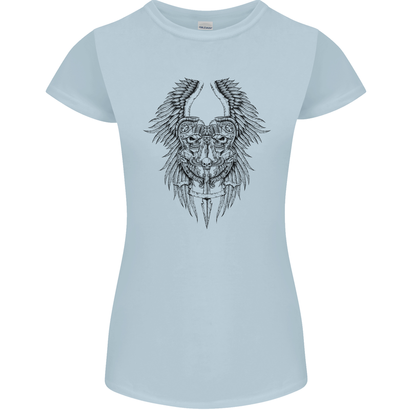 Two Roman Skulls Womens Petite Cut T-Shirt Light Blue