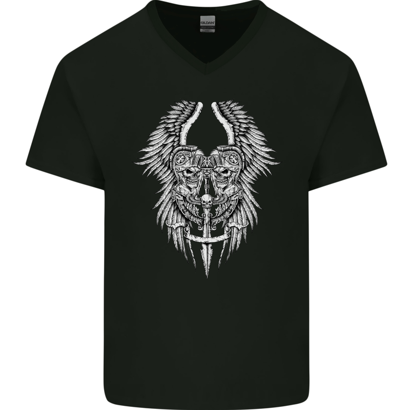 Two Roman Skulls wp Mens V-Neck Cotton T-Shirt Black
