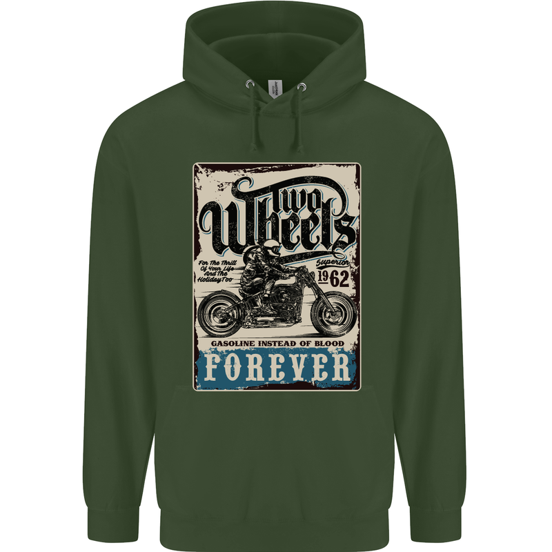 Two Wheels Biker Motorcycle Motorbike Childrens Kids Hoodie Forest Green