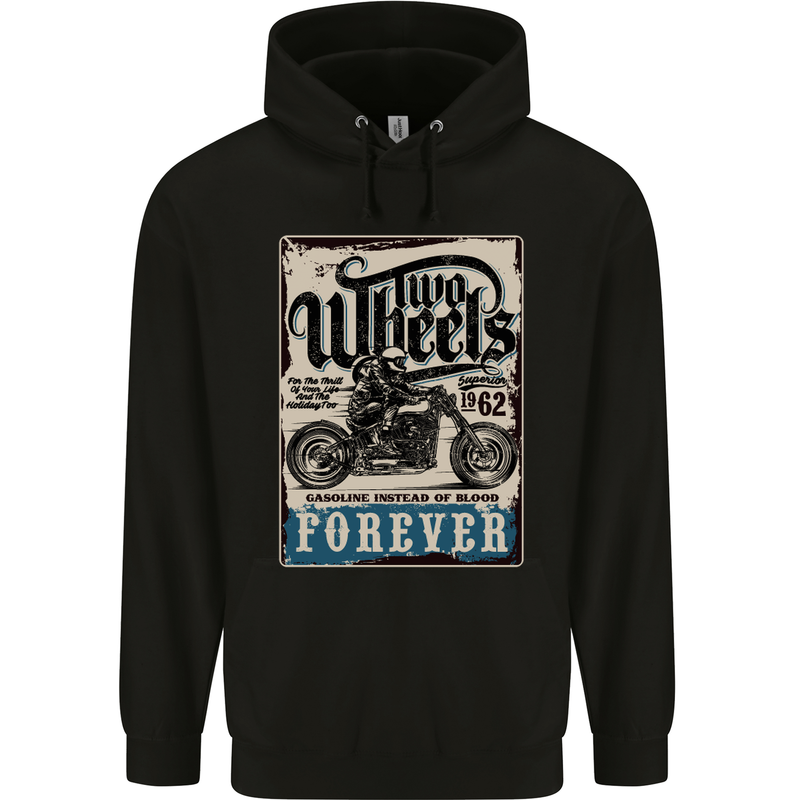 Two Wheels Biker Motorcycle Motorbike Mens 80% Cotton Hoodie Black