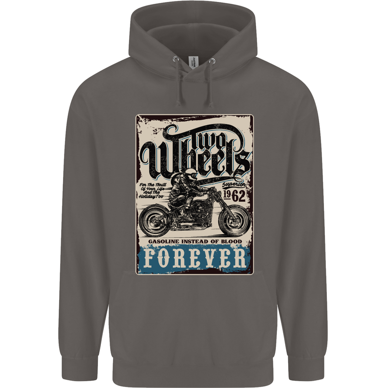 Two Wheels Biker Motorcycle Motorbike Mens 80% Cotton Hoodie Charcoal