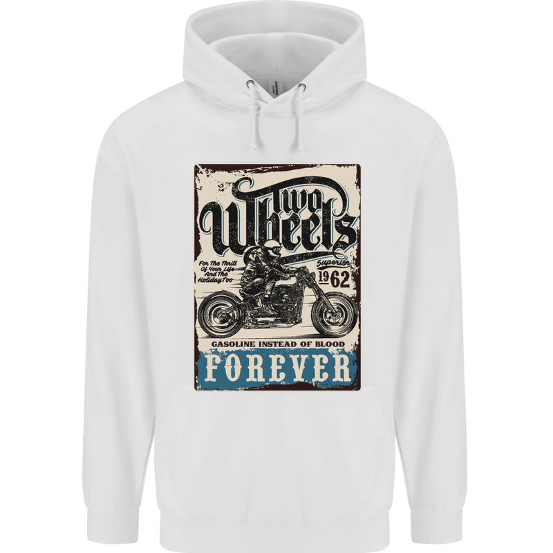 Two Wheels Biker Motorcycle Motorbike Mens 80% Cotton Hoodie White