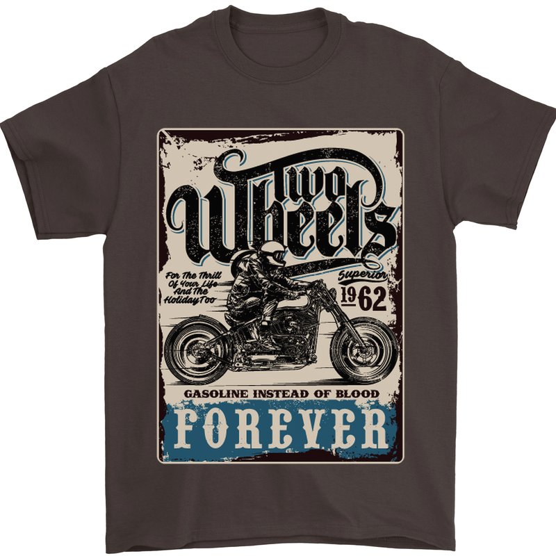 Two Wheels Biker Motorcycle Motorbike Mens T-Shirt Cotton Gildan Dark Chocolate