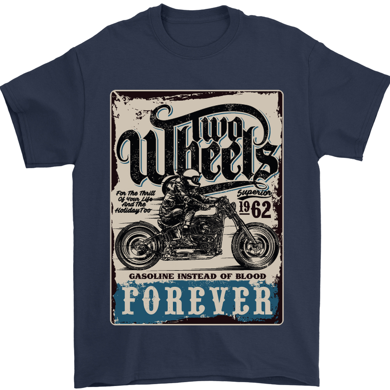 Two Wheels Biker Motorcycle Motorbike Mens T-Shirt Cotton Gildan Navy Blue