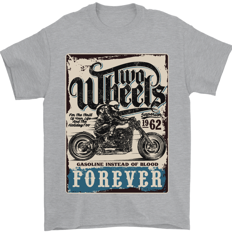 Two Wheels Biker Motorcycle Motorbike Mens T-Shirt Cotton Gildan Sports Grey