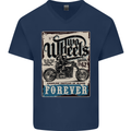 Two Wheels Biker Motorcycle Motorbike Mens V-Neck Cotton T-Shirt Navy Blue