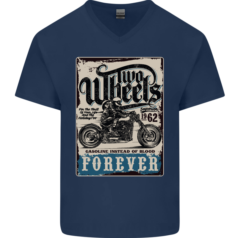 Two Wheels Biker Motorcycle Motorbike Mens V-Neck Cotton T-Shirt Navy Blue