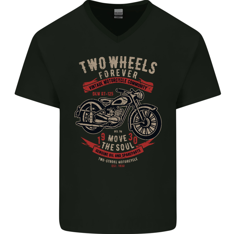 Two Wheels Forever Biker Motorcycle Funny Mens V-Neck Cotton T-Shirt Black