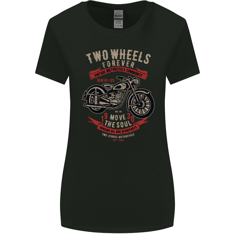 Two Wheels Forever Biker Motorcycle Funny Womens Wider Cut T-Shirt Black