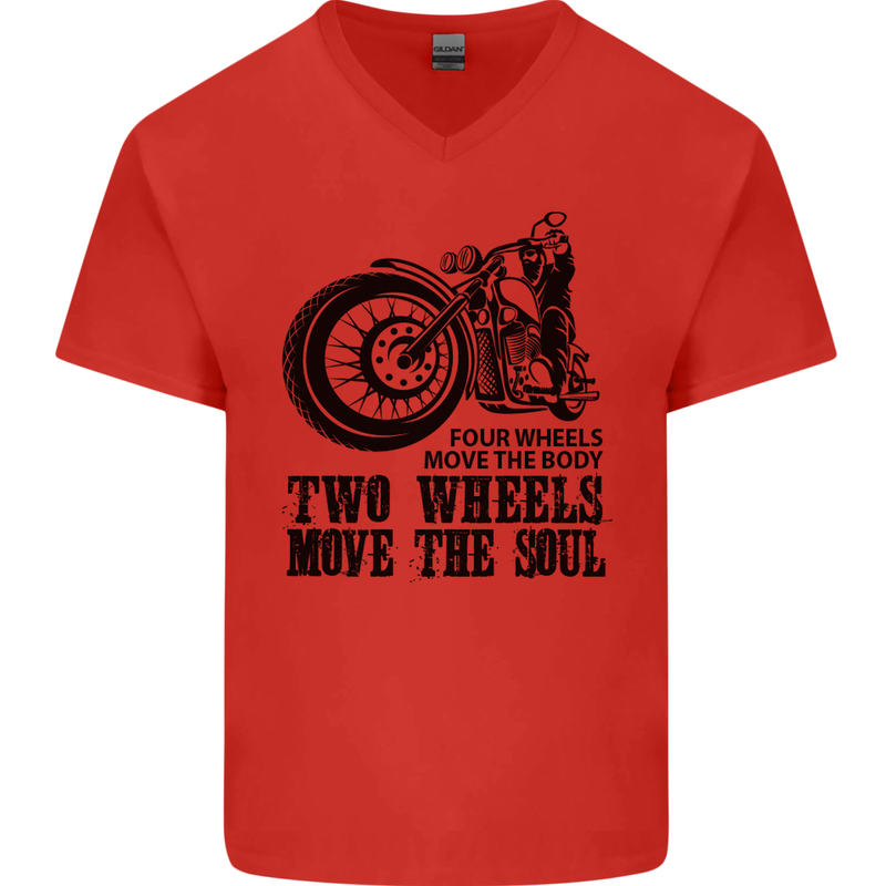 Two Wheels Move the Soul Motorcycle Biker Mens V-Neck Cotton T-Shirt Red