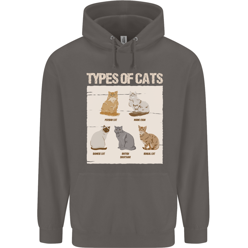 Types of Cat Persian Siamese British Bengal Mens 80% Cotton Hoodie Charcoal