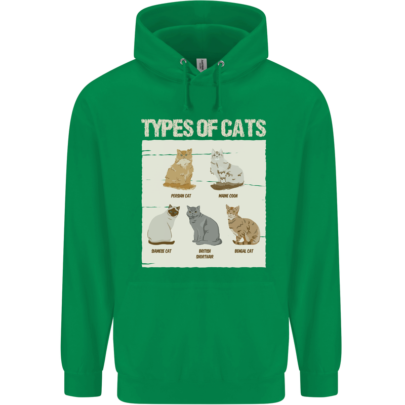 Types of Cat Persian Siamese British Bengal Mens 80% Cotton Hoodie Irish Green