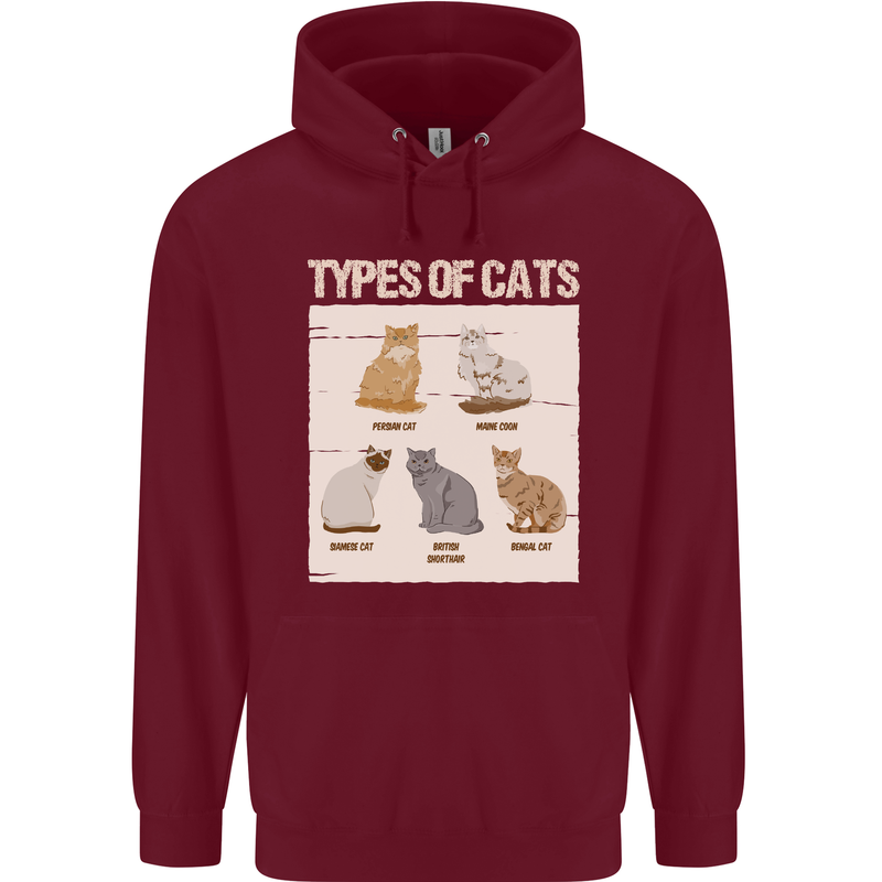 Types of Cat Persian Siamese British Bengal Mens 80% Cotton Hoodie Maroon