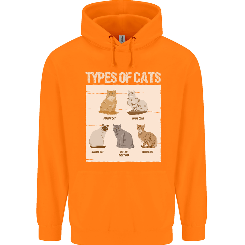Types of Cat Persian Siamese British Bengal Mens 80% Cotton Hoodie Orange