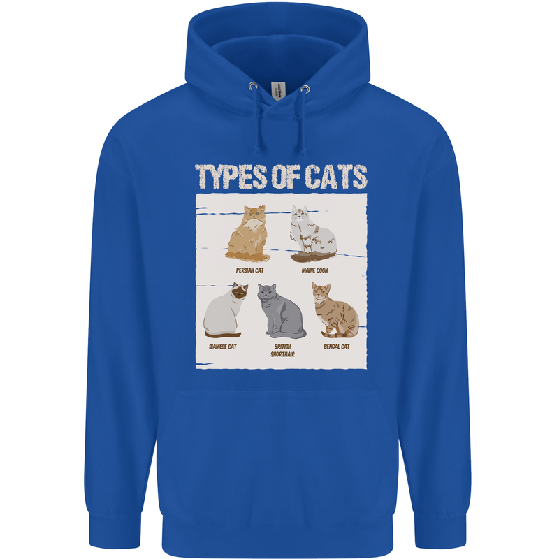 Types of Cat Persian Siamese British Bengal Mens 80% Cotton Hoodie Royal Blue