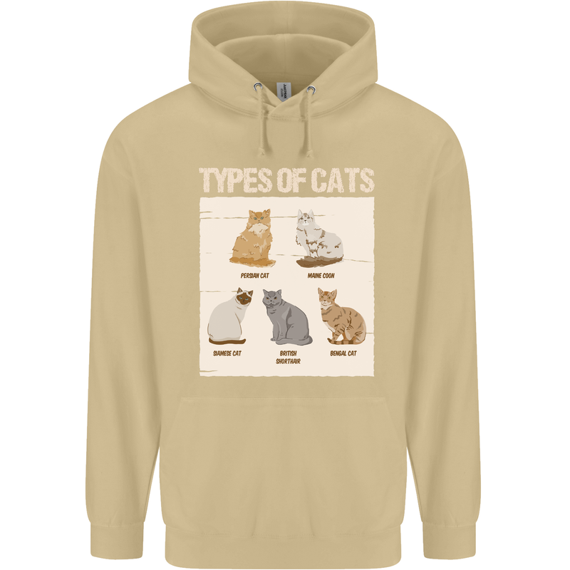 Types of Cat Persian Siamese British Bengal Mens 80% Cotton Hoodie Sand