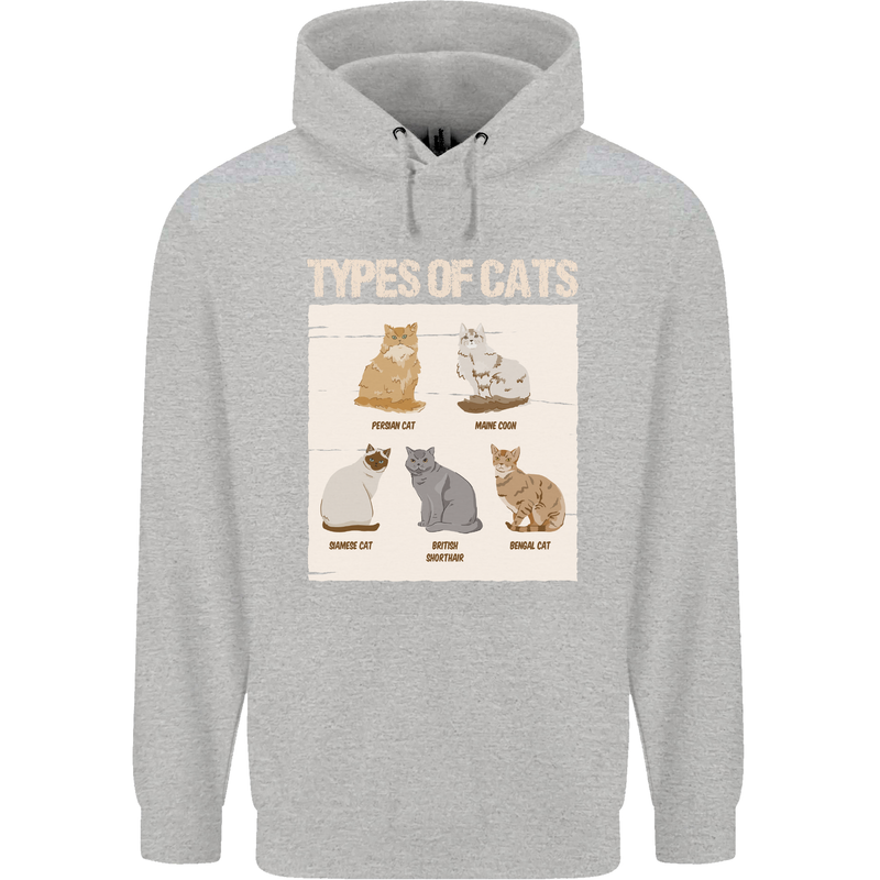 Types of Cat Persian Siamese British Bengal Mens 80% Cotton Hoodie Sports Grey