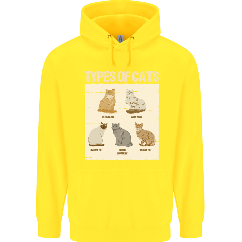 Types of Cat Persian Siamese British Bengal Mens 80% Cotton Hoodie Yellow
