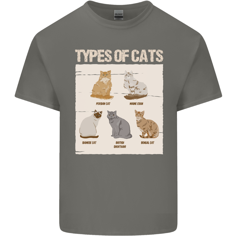 Types of Cat Persian Siamese British Bengal Mens Cotton T-Shirt Tee Top Charcoal