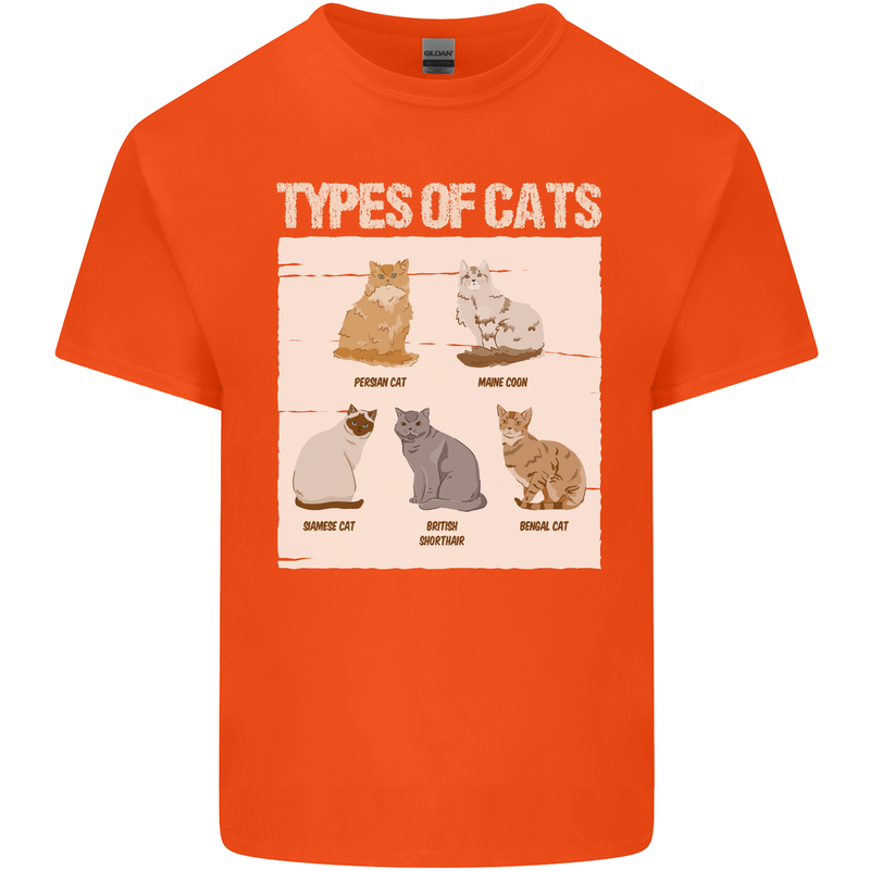 Types of Cat Persian Siamese British Bengal Mens Cotton T-Shirt Tee Top Orange