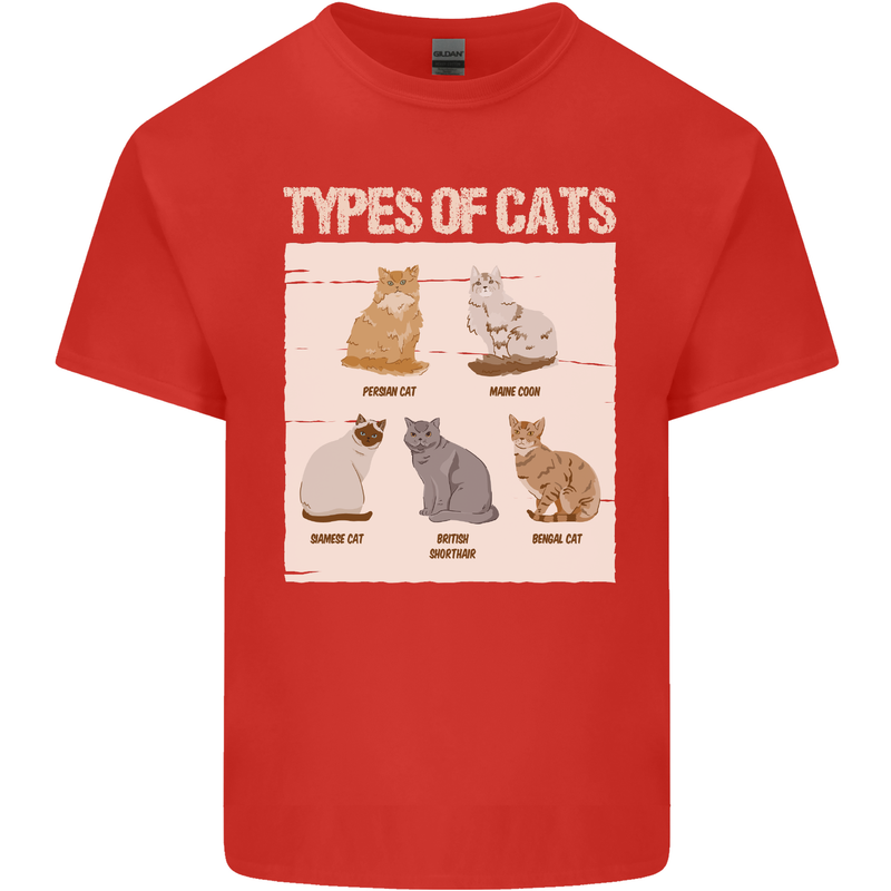 Types of Cat Persian Siamese British Bengal Mens Cotton T-Shirt Tee Top Red