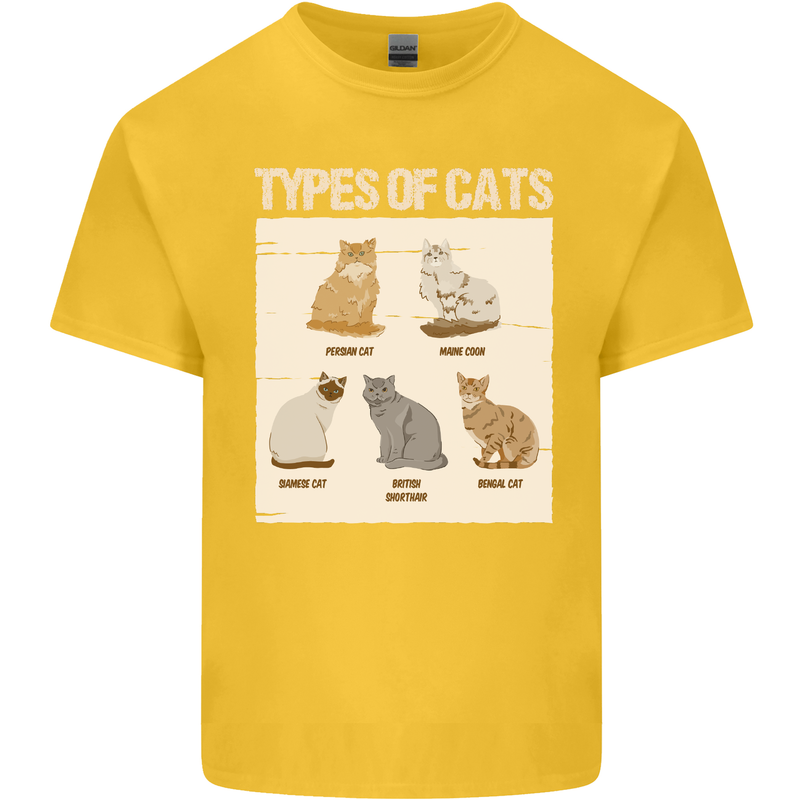 Types of Cat Persian Siamese British Bengal Mens Cotton T-Shirt Tee Top Yellow