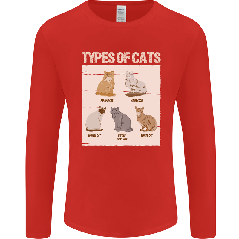 Types of Cat Persian Siamese British Bengal Mens Long Sleeve T-Shirt Red