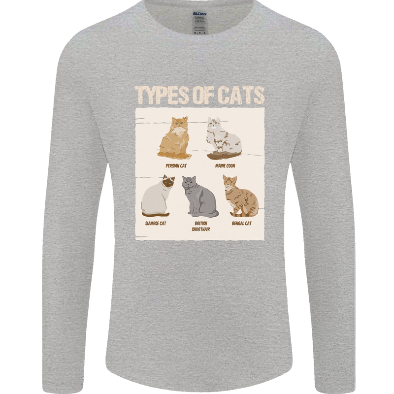 Types of Cat Persian Siamese British Bengal Mens Long Sleeve T-Shirt Sports Grey