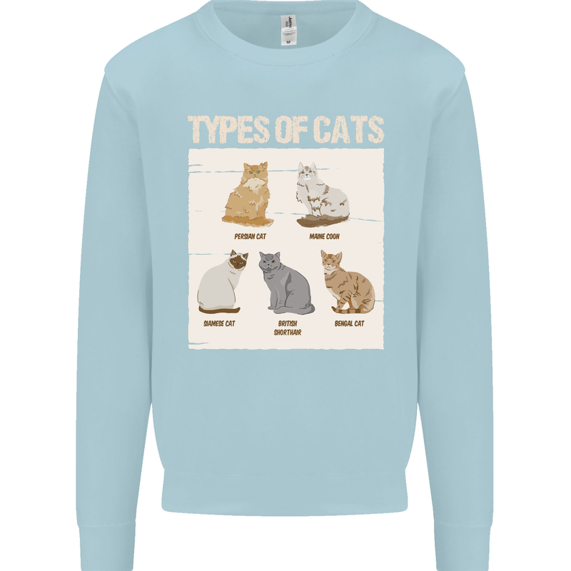 Types of Cat Persian Siamese British Bengal Mens Sweatshirt Jumper Light Blue