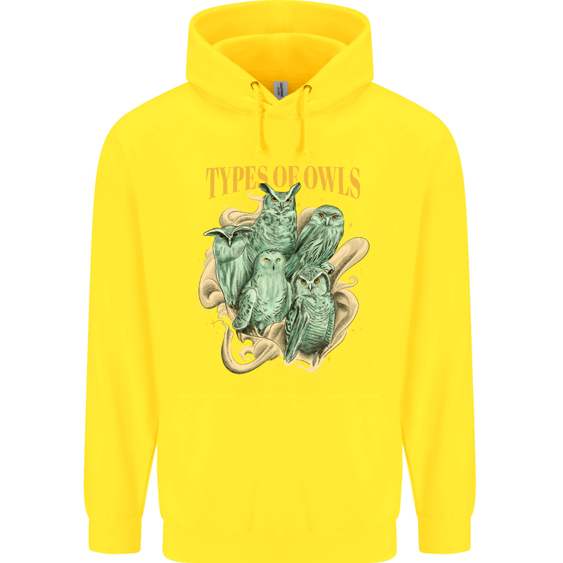 Types of Owls Species Childrens Kids Hoodie Yellow