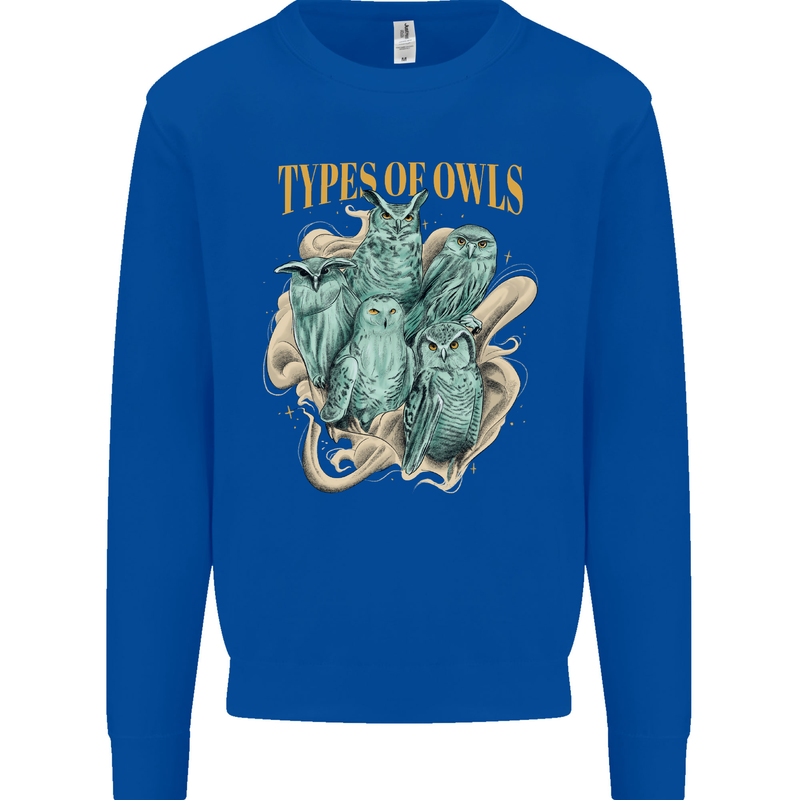 Types of Owls Species Kids Sweatshirt Jumper Royal Blue