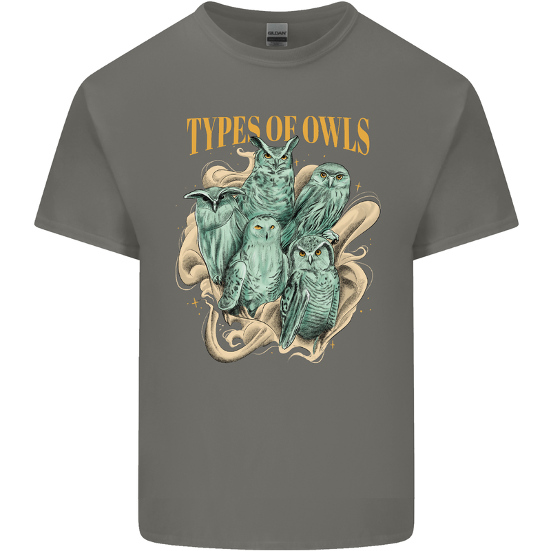Types of Owls Species Mens Cotton T-Shirt Tee Top Charcoal