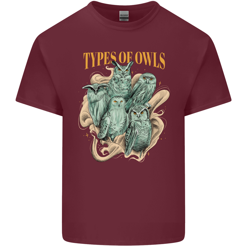 Types of Owls Species Mens Cotton T-Shirt Tee Top Maroon