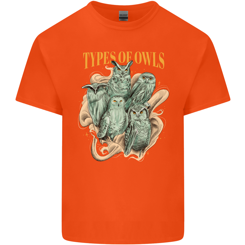 Types of Owls Species Mens Cotton T-Shirt Tee Top Orange