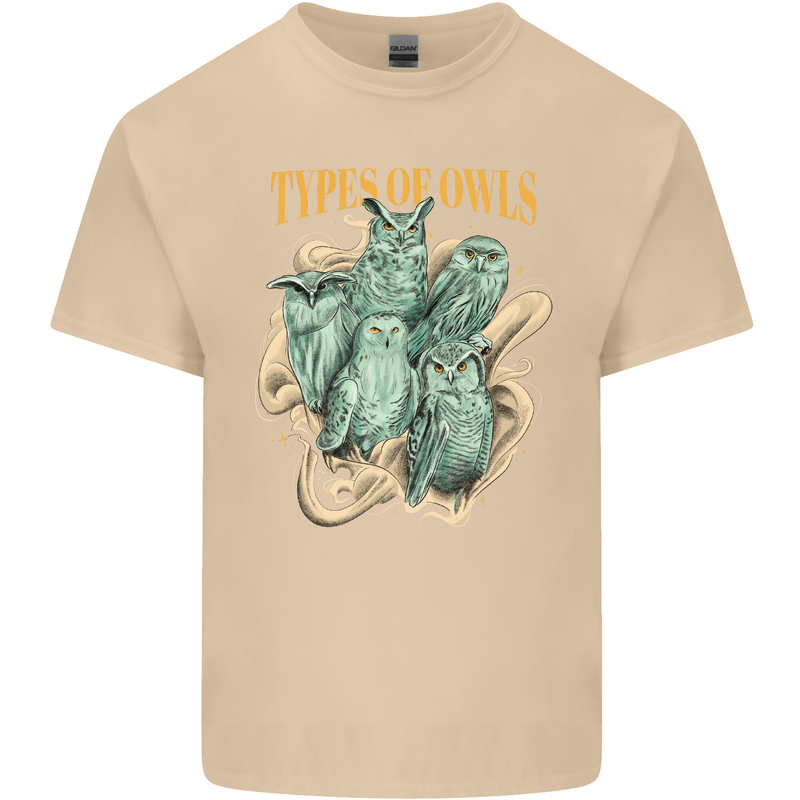 Types of Owls Species Mens Cotton T-Shirt Tee Top Sand