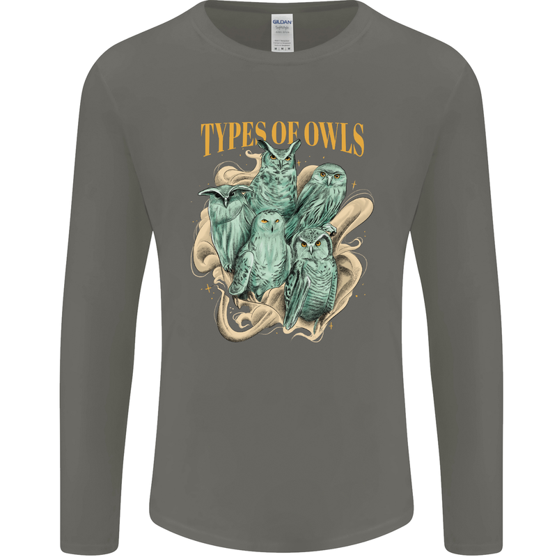 Types of Owls Species Mens Long Sleeve T-Shirt Charcoal