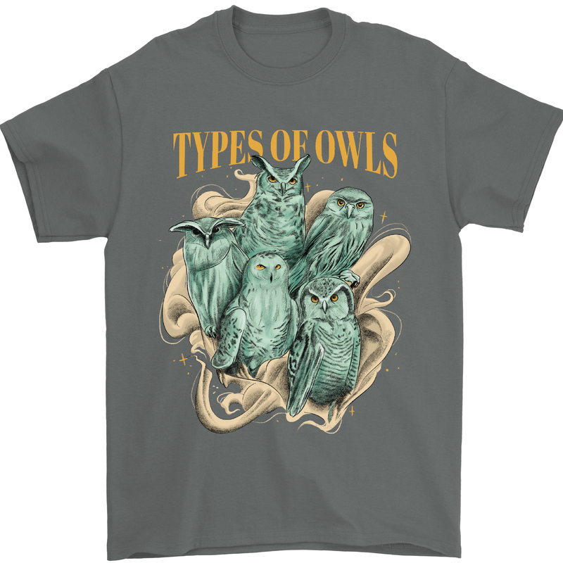 Types of Owls Species Mens T-Shirt 100% Cotton Charcoal