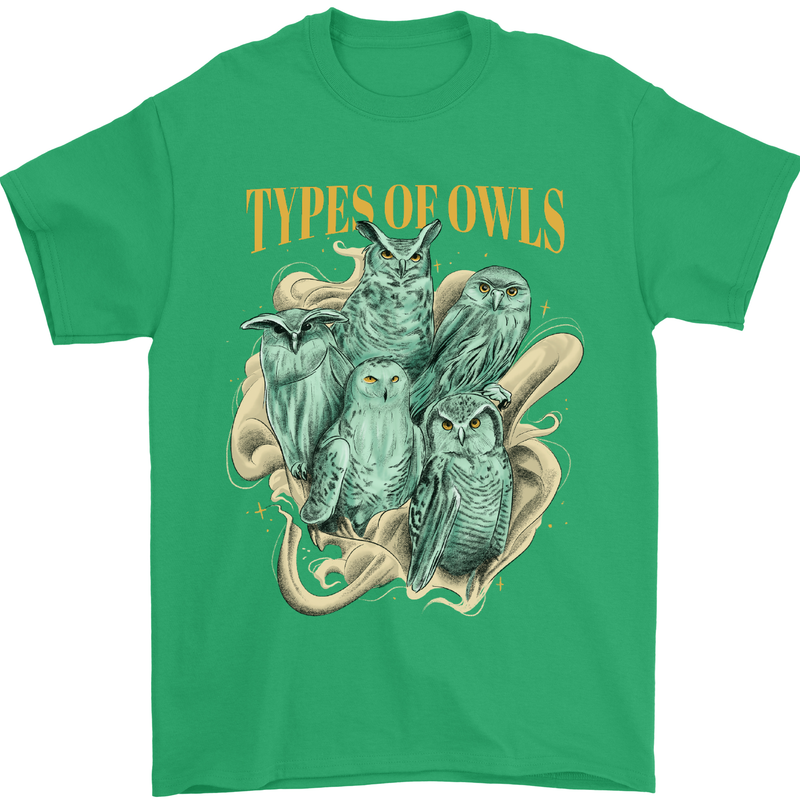 Types of Owls Species Mens T-Shirt 100% Cotton Irish Green