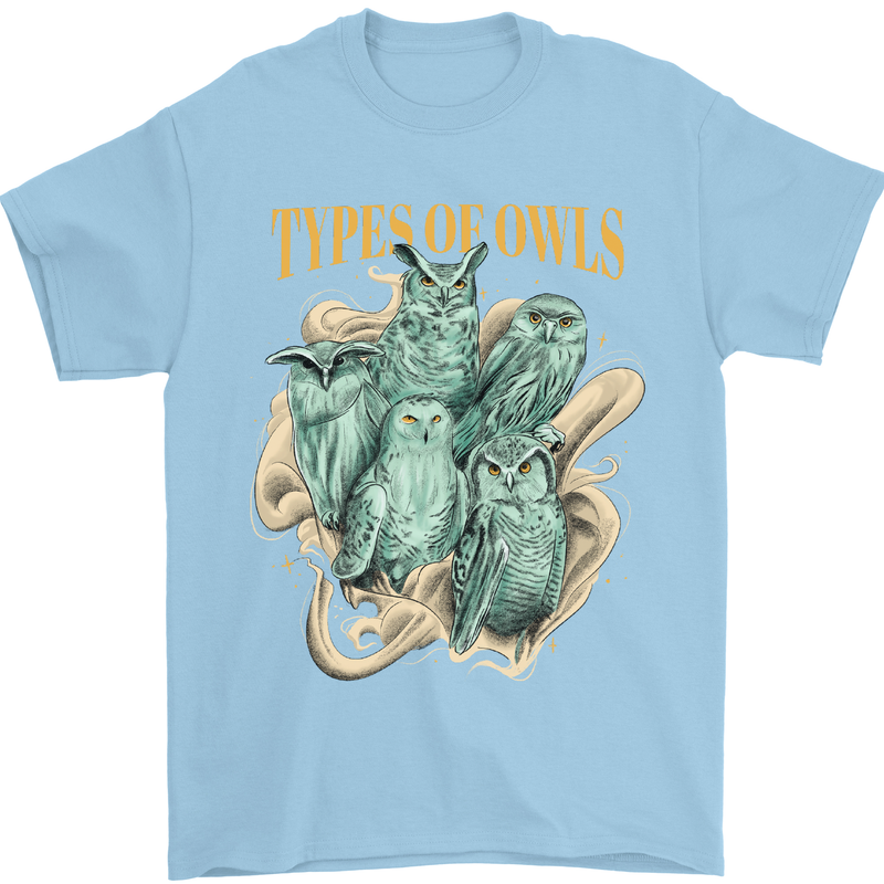 Types of Owls Species Mens T-Shirt 100% Cotton Light Blue