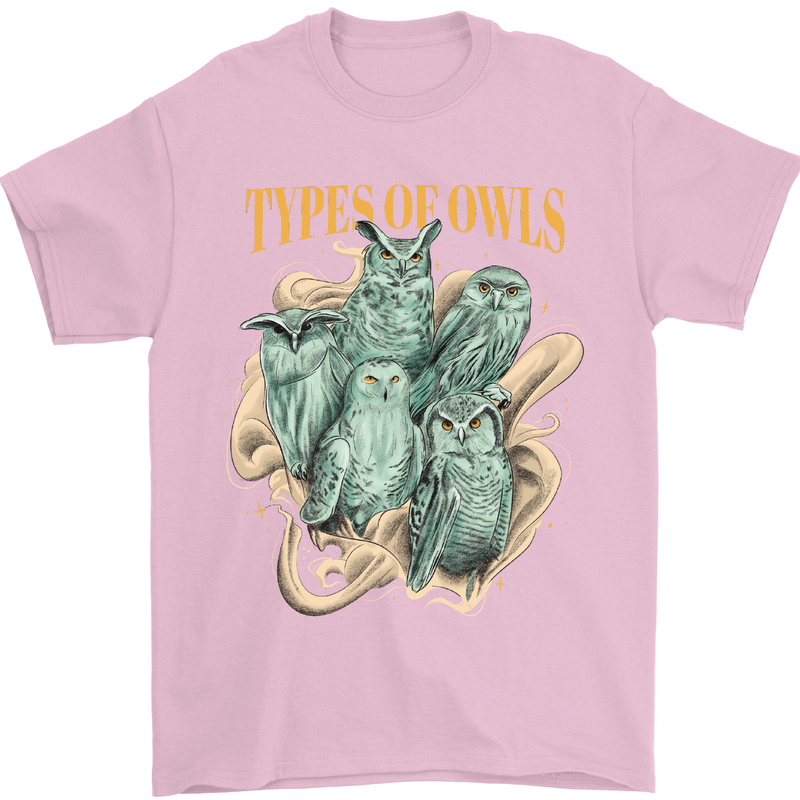 Types of Owls Species Mens T-Shirt 100% Cotton Light Pink