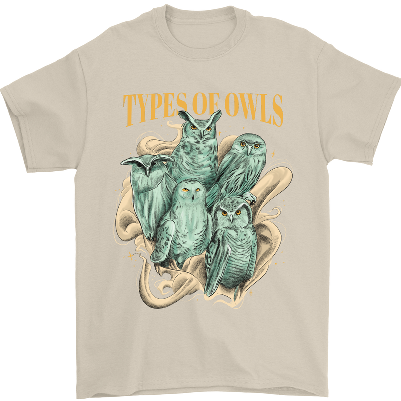 Types of Owls Species Mens T-Shirt 100% Cotton Sand